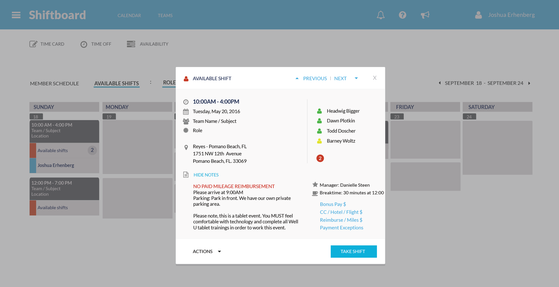 Available shift detail with bonus pay